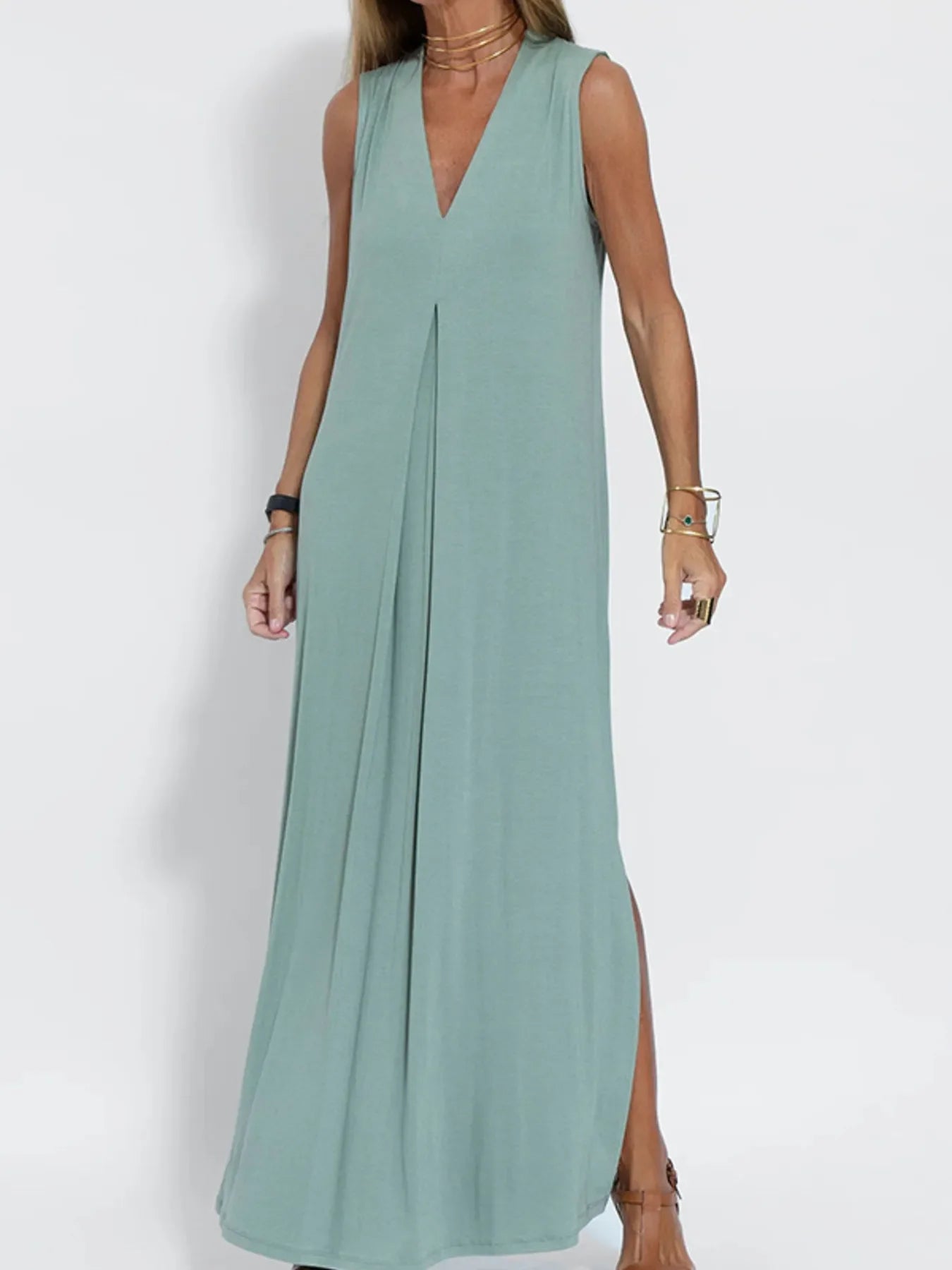 Abito Maxi Senza Maniche a V Full Size con Fessura Taglie Forti