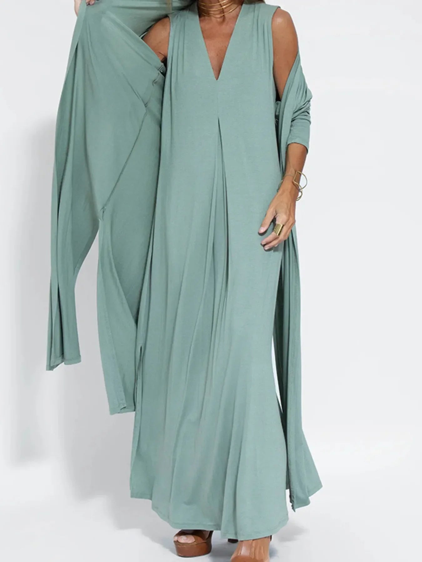 Abito Maxi Senza Maniche a V Full Size con Fessura Taglie Forti