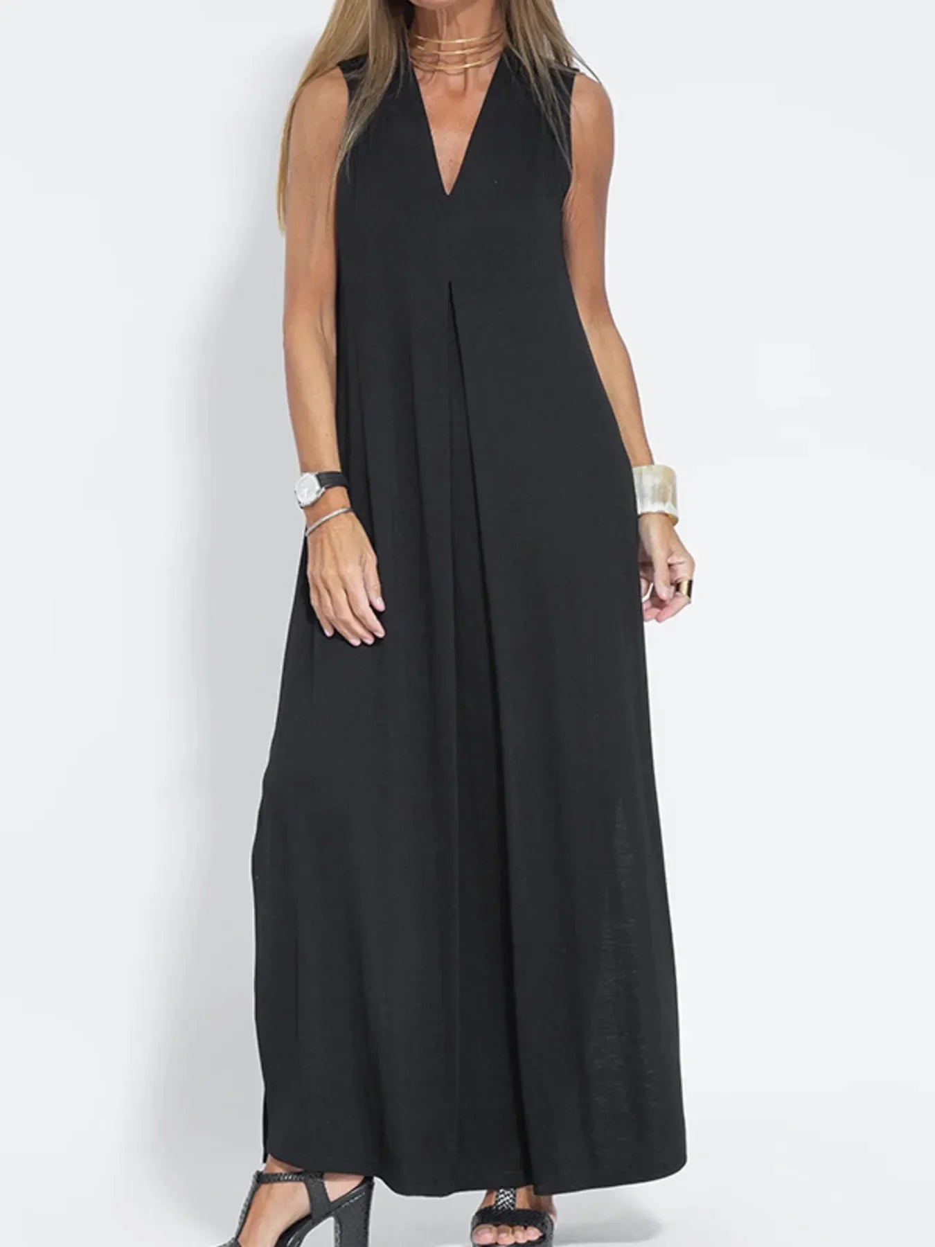 Abito Maxi Senza Maniche a V Full Size con Fessura Taglie Forti