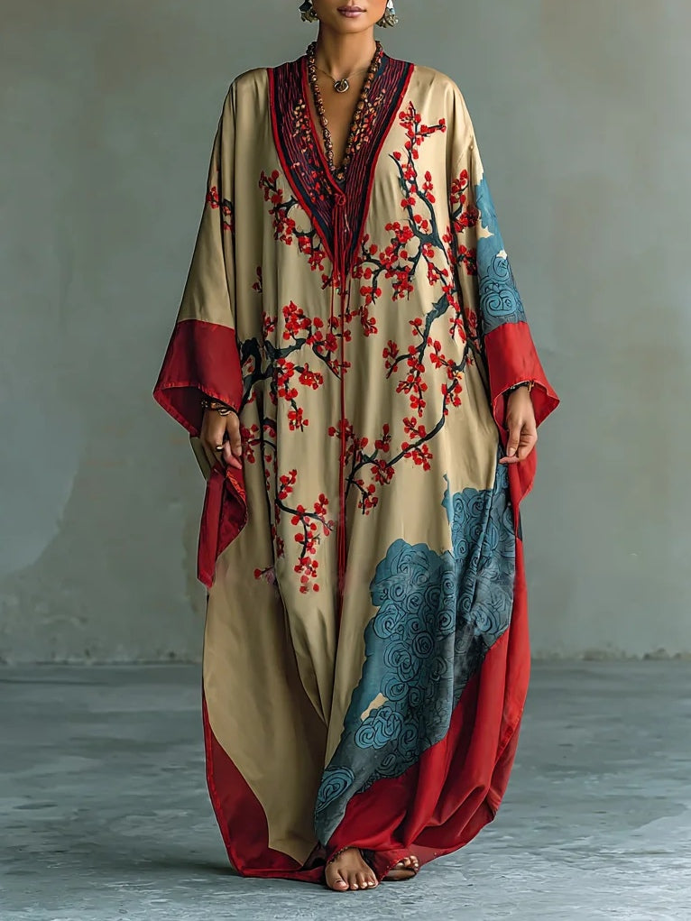 Abito Maxi in Fiore di Prugno Rosso Giapponese con Maniche a Pipistrello e Stampa