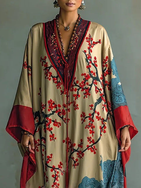 Abito Maxi in Fiore di Prugno Rosso Giapponese con Maniche a Pipistrello e Stampa