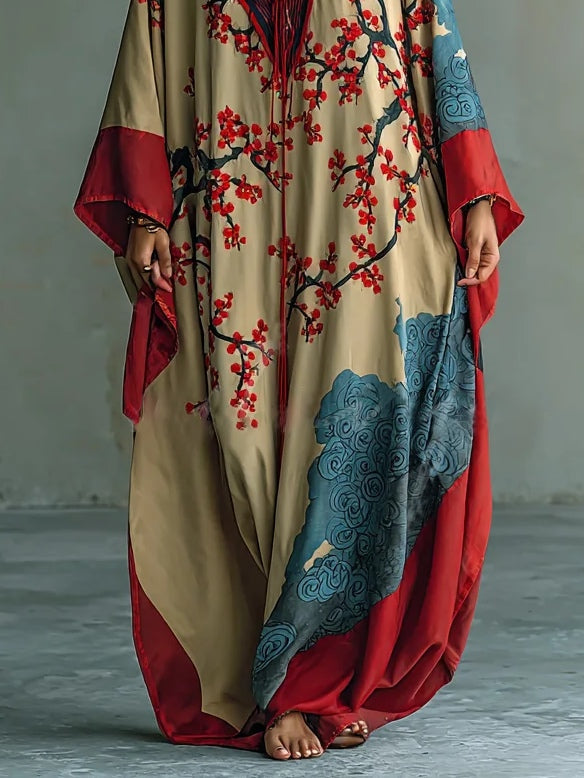 Abito Maxi in Fiore di Prugno Rosso Giapponese con Maniche a Pipistrello e Stampa