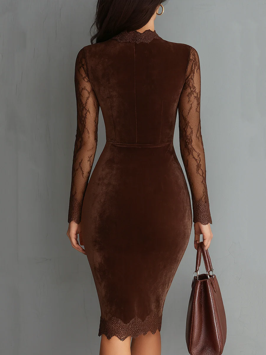 Abito Mini in Velluto con Collo a Chiave Vintage e Maniche in Pizzo Marrone