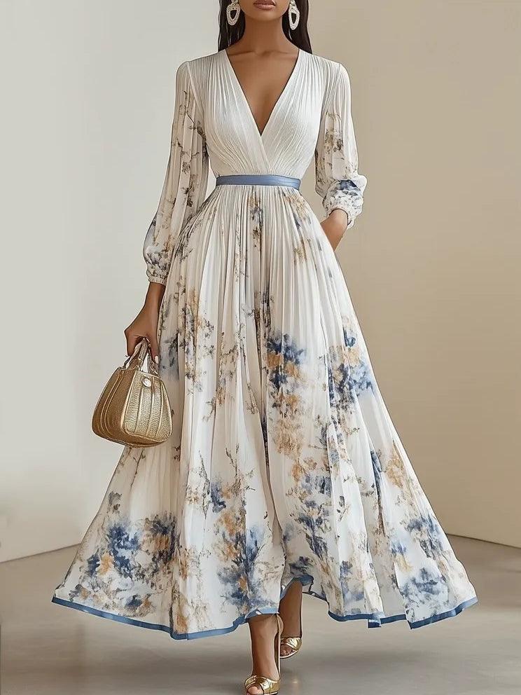 Amalia | Abito Maxi in Chiffon Bianco con Maniche a Palloncino