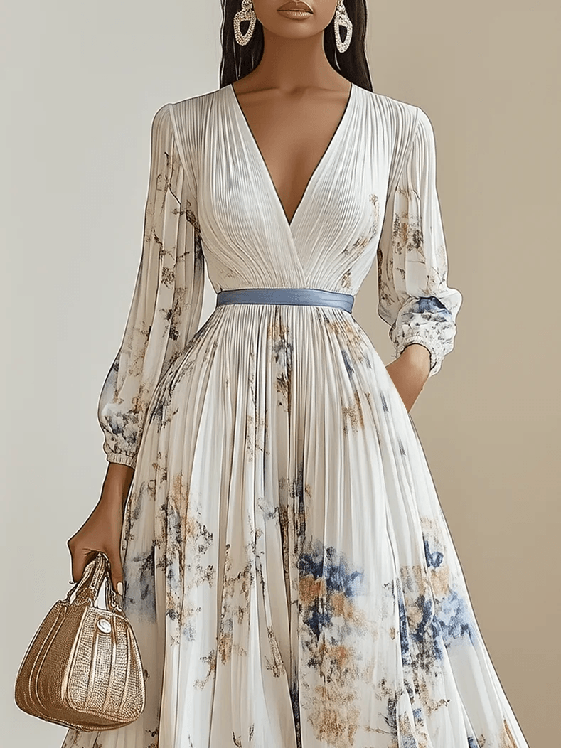 Amalia | Abito Maxi in Chiffon Bianco con Maniche a Palloncino