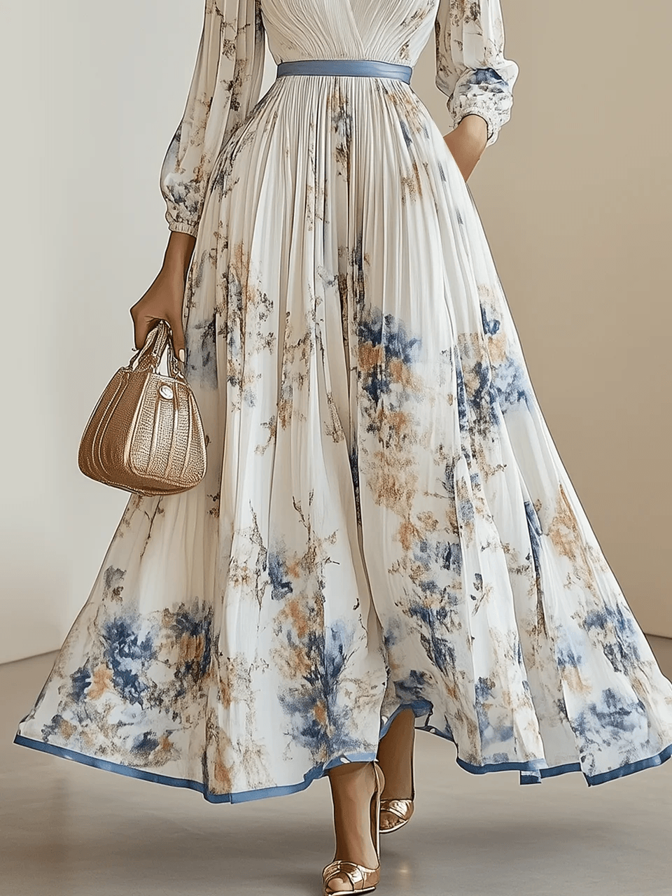 Amalia | Abito Maxi in Chiffon Bianco con Maniche a Palloncino