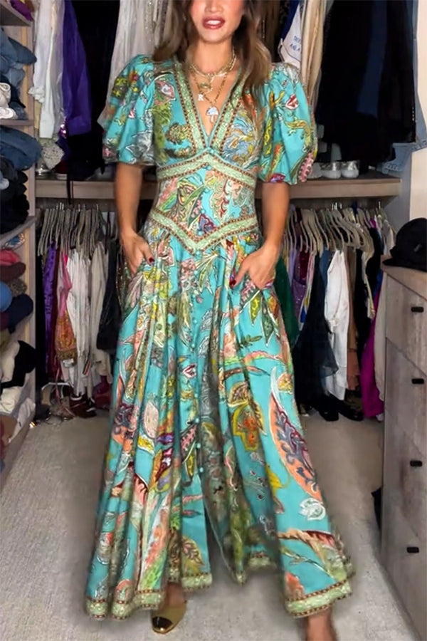 Amelia Quinn | Abito maxi leggero con maniche a sbuffo e scollatura a V
