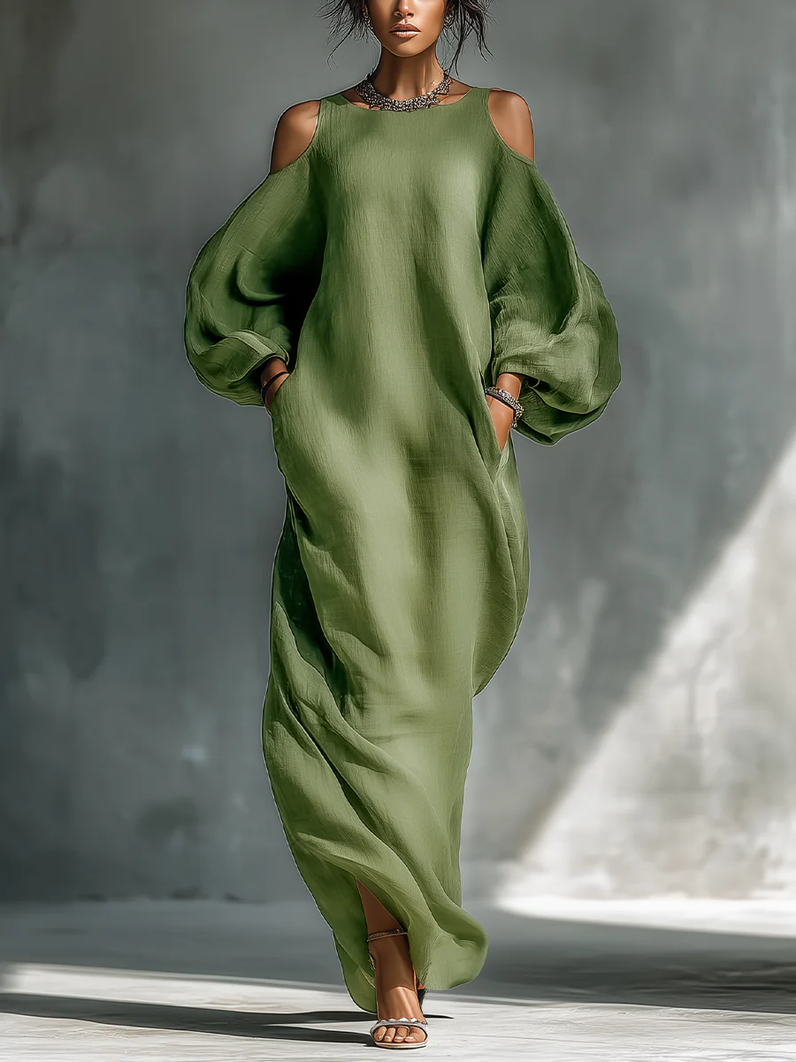 Anika | Vestito Maxi Verde con Spalle Scoperte e Maniche a Palloncino