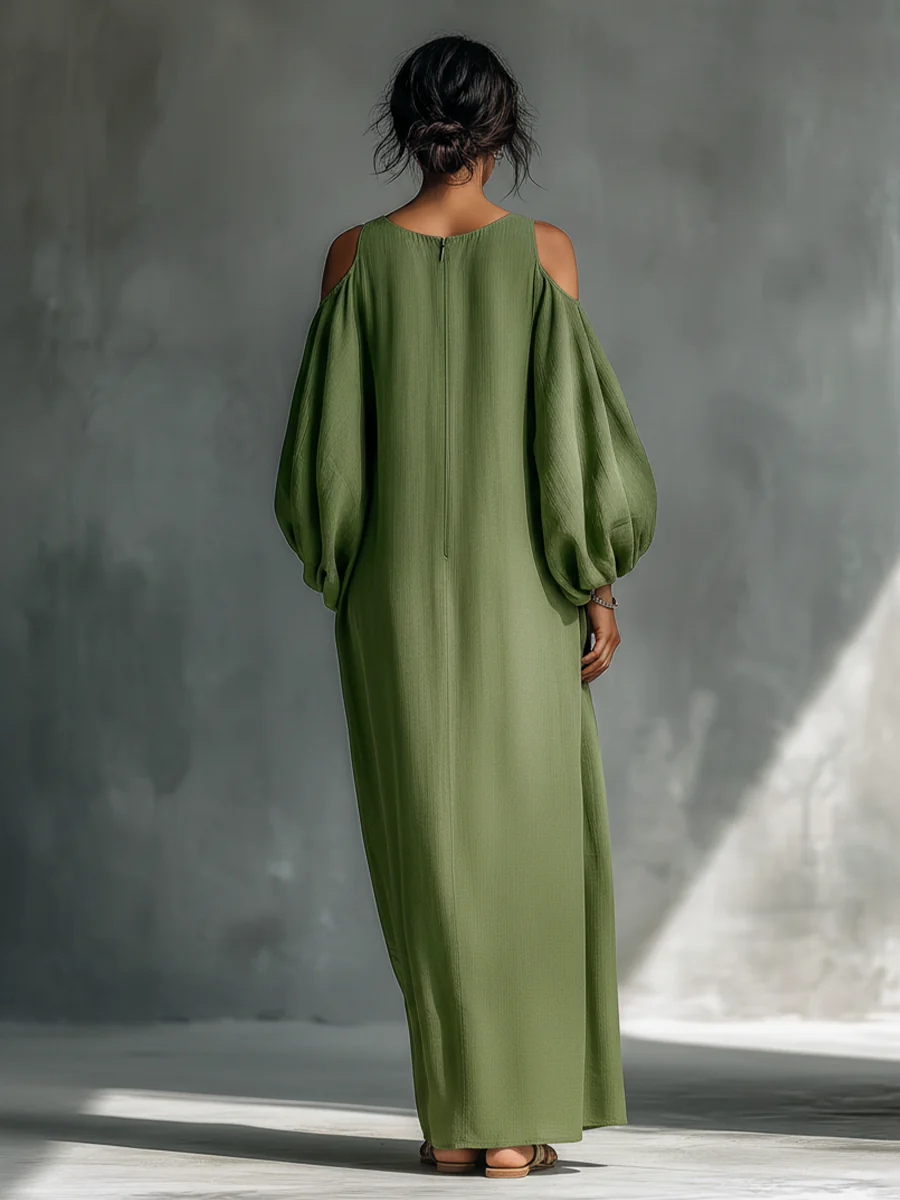 Anika | Vestito Maxi Verde con Spalle Scoperte e Maniche a Palloncino