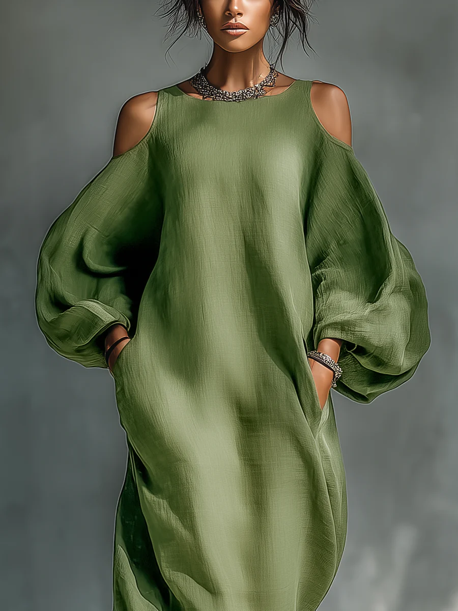 Anika | Vestito Maxi Verde con Spalle Scoperte e Maniche a Palloncino