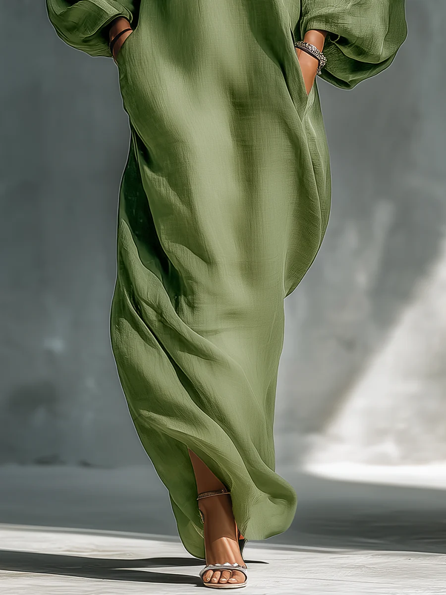 Anika | Vestito Maxi Verde con Spalle Scoperte e Maniche a Palloncino