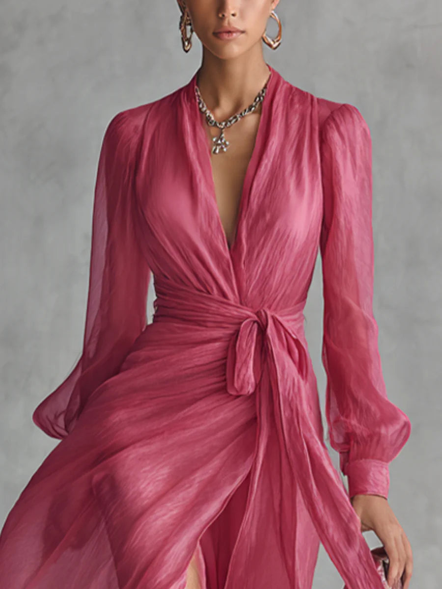 Beatrice | Elegante Abito Lungo in Chiffon con Scollatura a V e Vita Legata