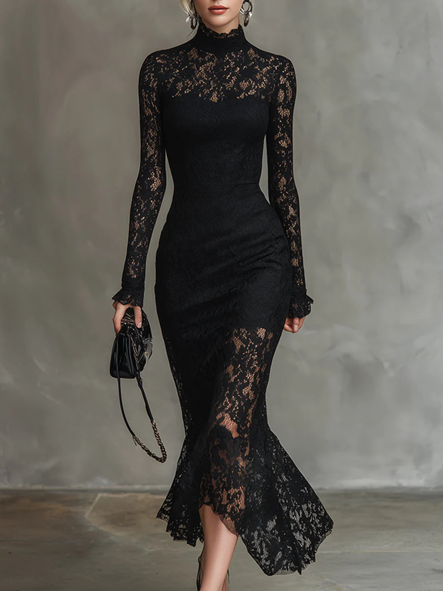 Elegante vestito maxi in pizzo nero elasticizzato a sirena