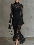 Elegante vestito maxi in pizzo nero elasticizzato a sirena