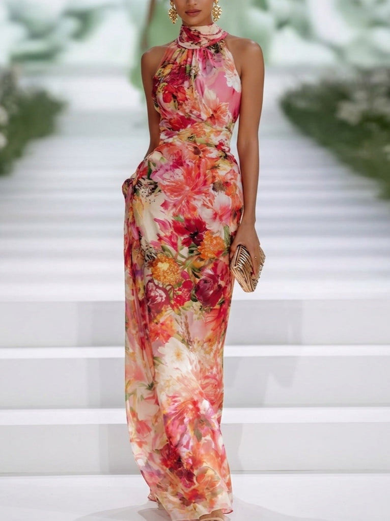 Fae | Abito Maxi Senza Maniche in Chiffon Rosso con Fiori