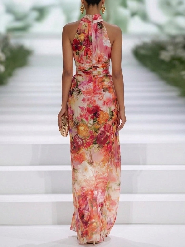 Fae | Abito Maxi Senza Maniche in Chiffon Rosso con Fiori