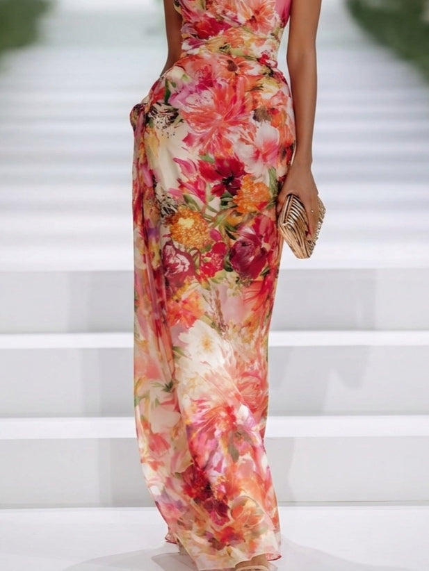 Fae | Abito Maxi Senza Maniche in Chiffon Rosso con Fiori
