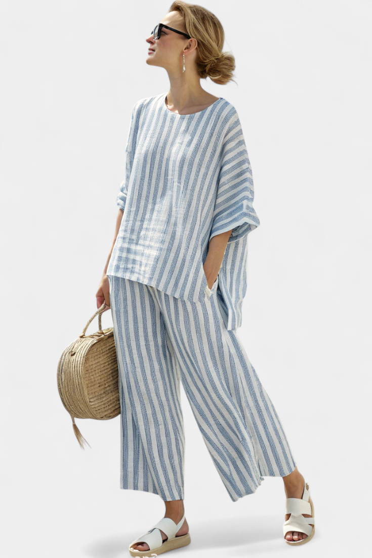 Federica – top in lino a righe blu sofisticato e pantaloni rilassati
