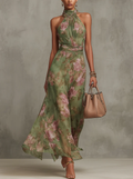 Firenze | Abito Maxi in Chiffon Floreale Verde con Scollo Halter