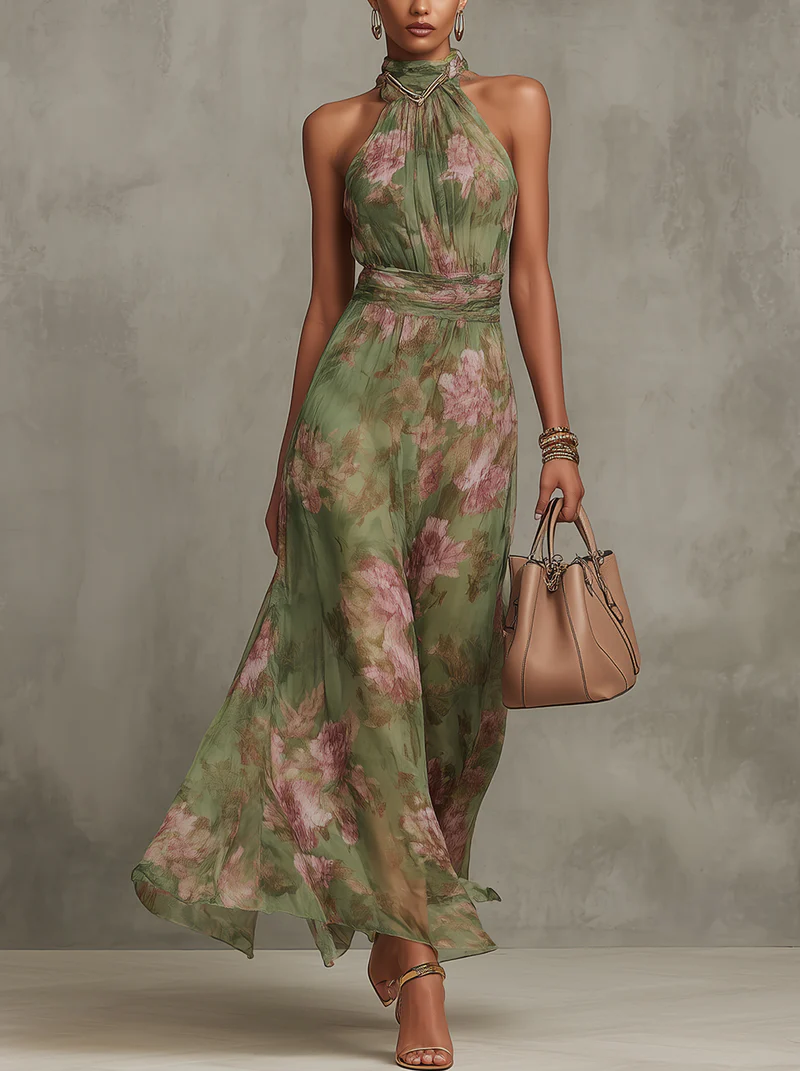 Firenze | Abito Maxi in Chiffon Floreale Verde con Scollo Halter