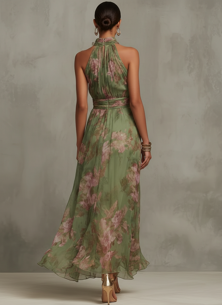 Firenze | Abito Maxi in Chiffon Floreale Verde con Scollo Halter