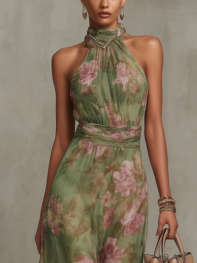 Firenze | Abito Maxi in Chiffon Floreale Verde con Scollo Halter
