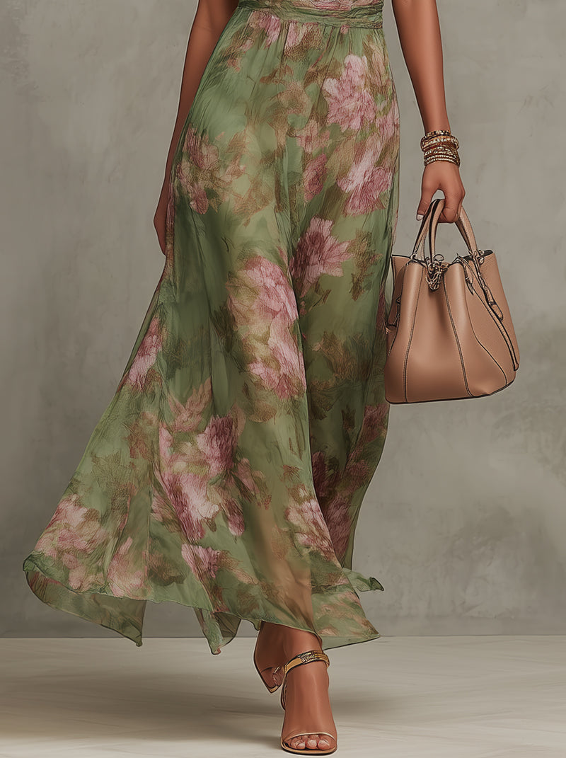 Firenze | Abito Maxi in Chiffon Floreale Verde con Scollo Halter