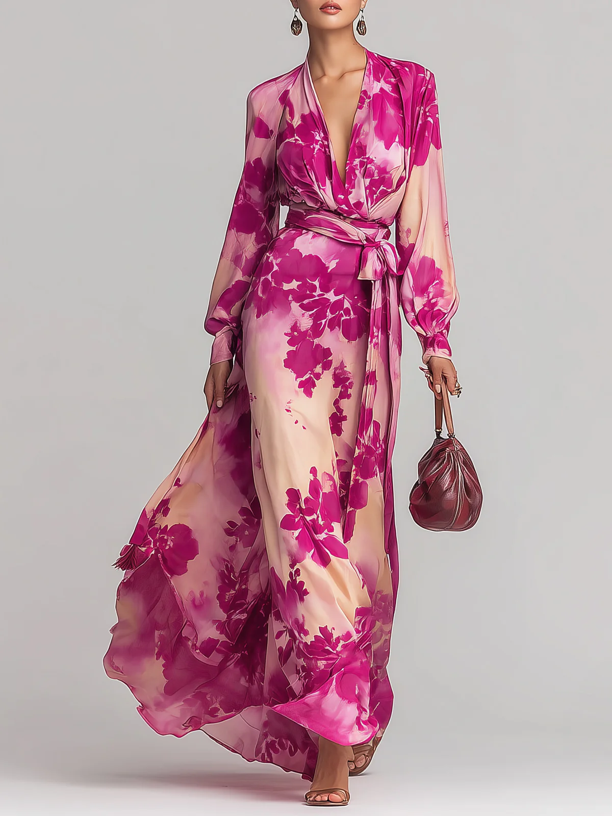 Julia | Vestito Maxi a V con Fiori e Cintura