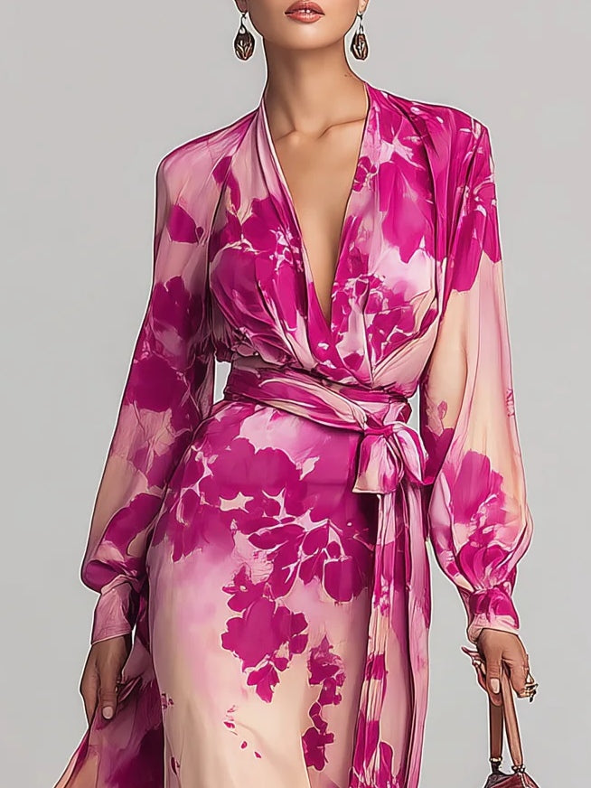 Julia | Vestito Maxi a V con Fiori e Cintura