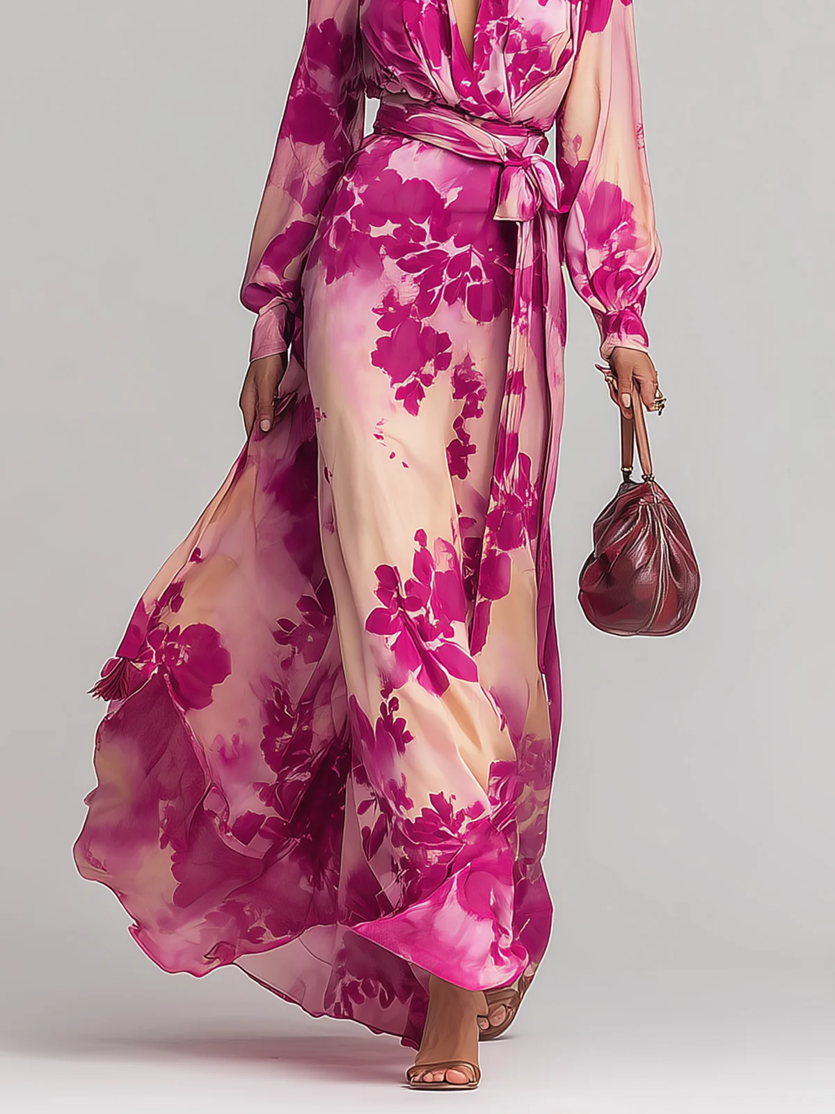 Julia | Vestito Maxi a V con Fiori e Cintura