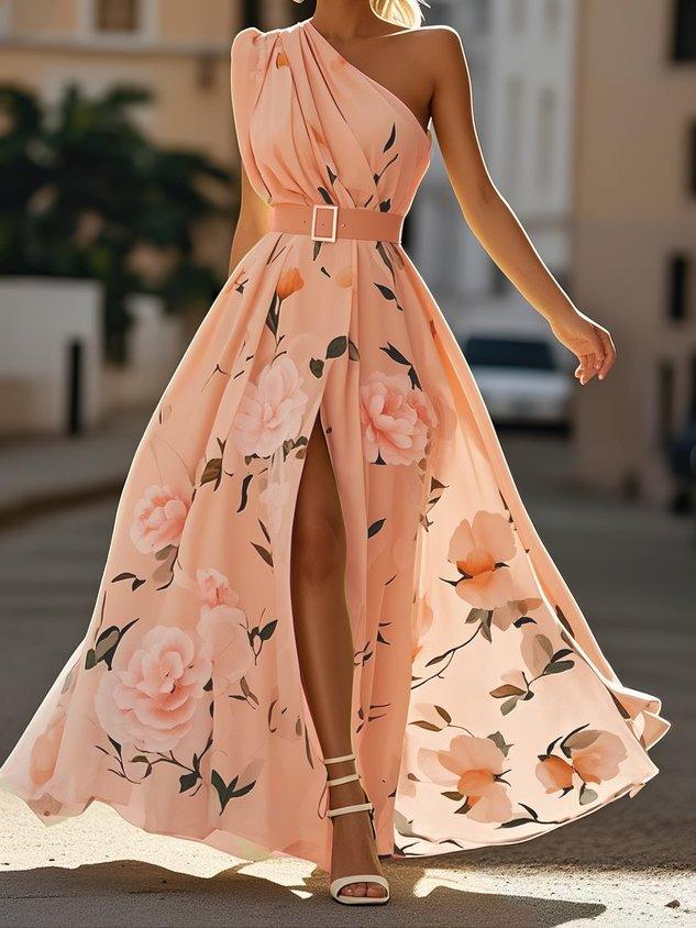 Julie | Abito Maxi in Chiffon Floreale Verde Chiaro a Spalla Unica