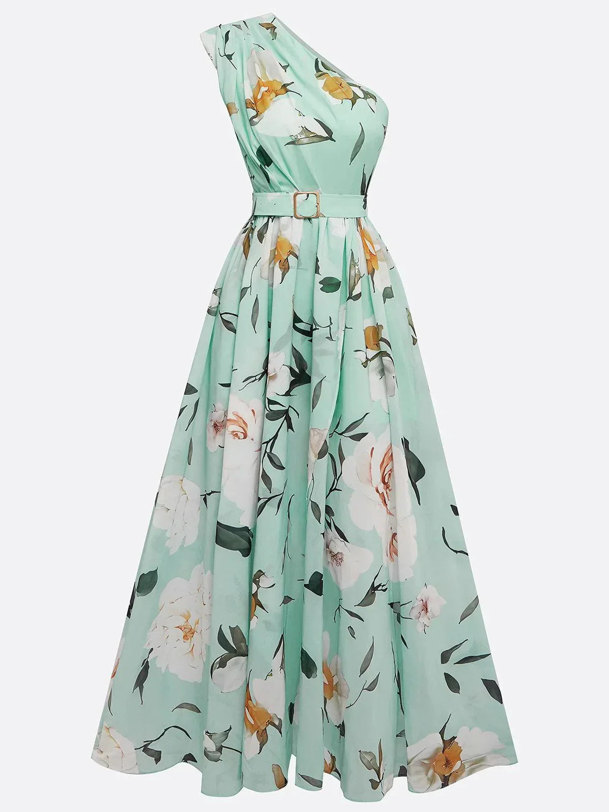 Julie | Abito Maxi in Chiffon Floreale Verde Chiaro a Spalla Unica
