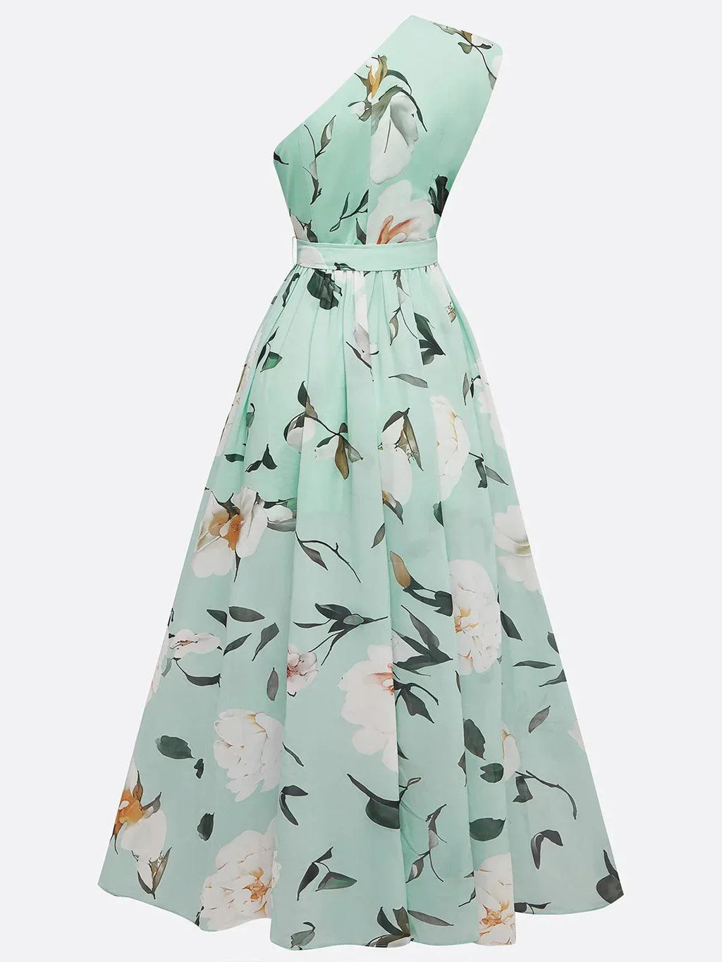 Julie | Abito Maxi in Chiffon Floreale Verde Chiaro a Spalla Unica