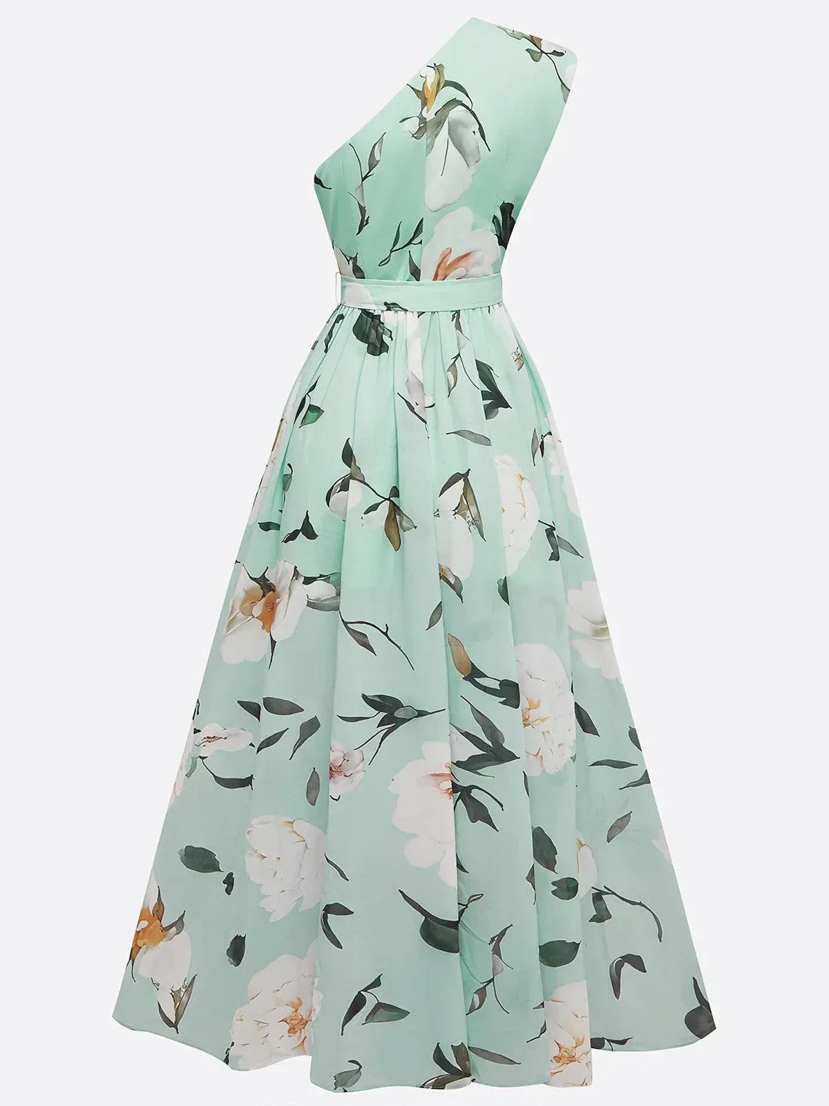 Julie | Abito Maxi in Chiffon Floreale Verde Chiaro a Spalla Unica