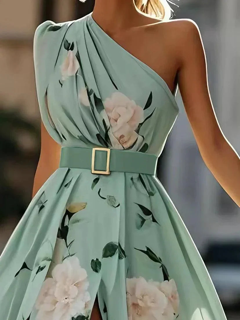 Julie | Abito Maxi in Chiffon Floreale Verde Chiaro a Spalla Unica