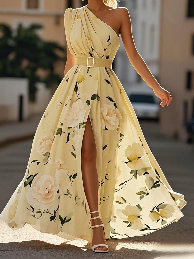Julie | Abito Maxi in Chiffon Floreale Verde Chiaro a Spalla Unica