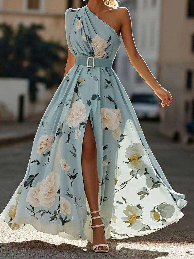 Julie | Abito Maxi in Chiffon Floreale Verde Chiaro a Spalla Unica