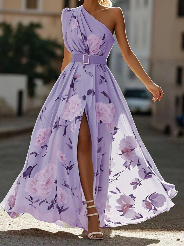 Julie | Abito Maxi in Chiffon Floreale Verde Chiaro a Spalla Unica