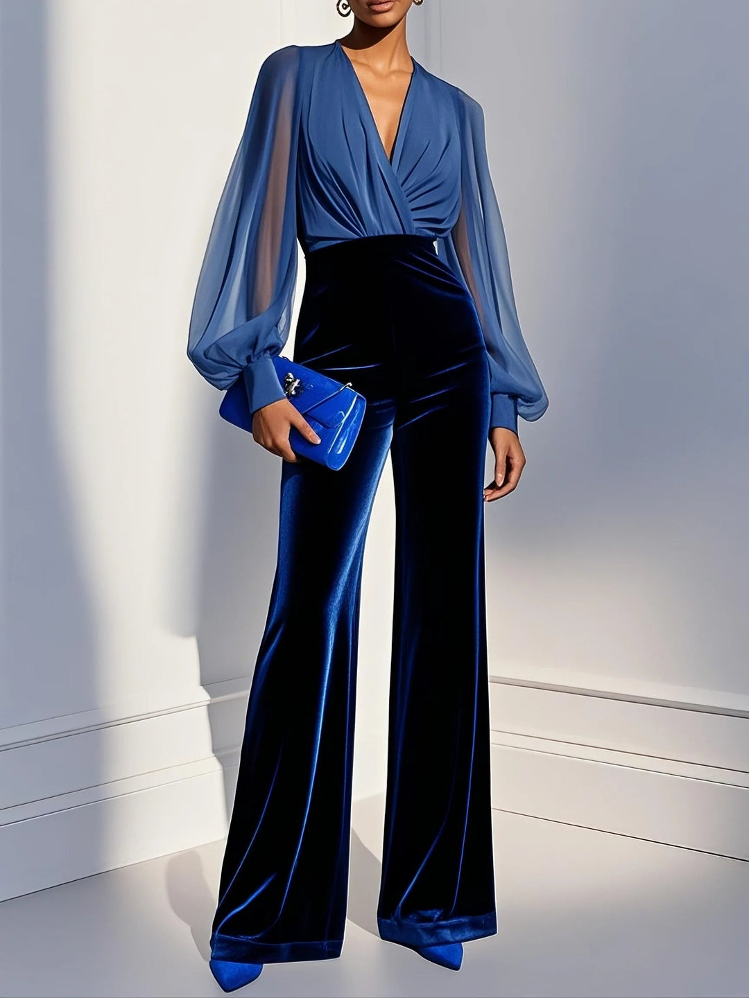 Jumpsuit in velluto blu con scollo a V e maniche lunghe