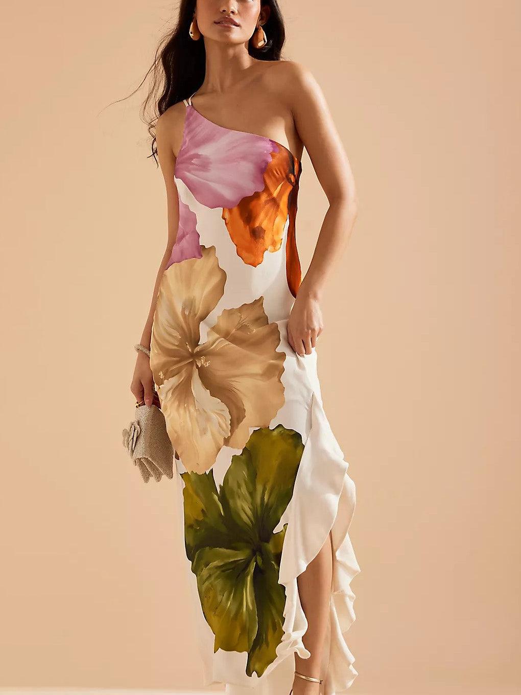 Kira | Abito Maxi Elegante a Stampa Floreale con Spalla Scoperta