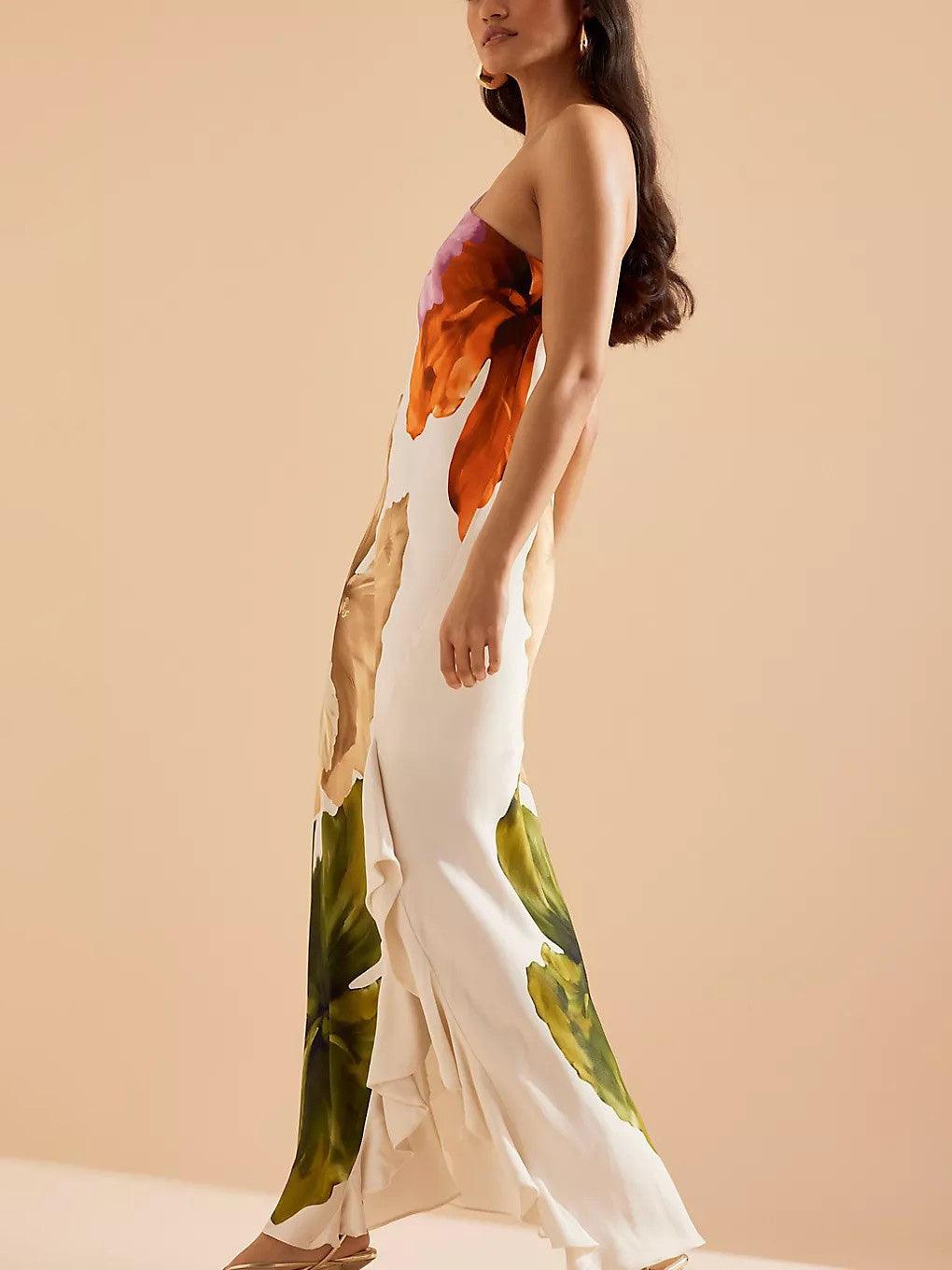 Kira | Abito Maxi Elegante a Stampa Floreale con Spalla Scoperta