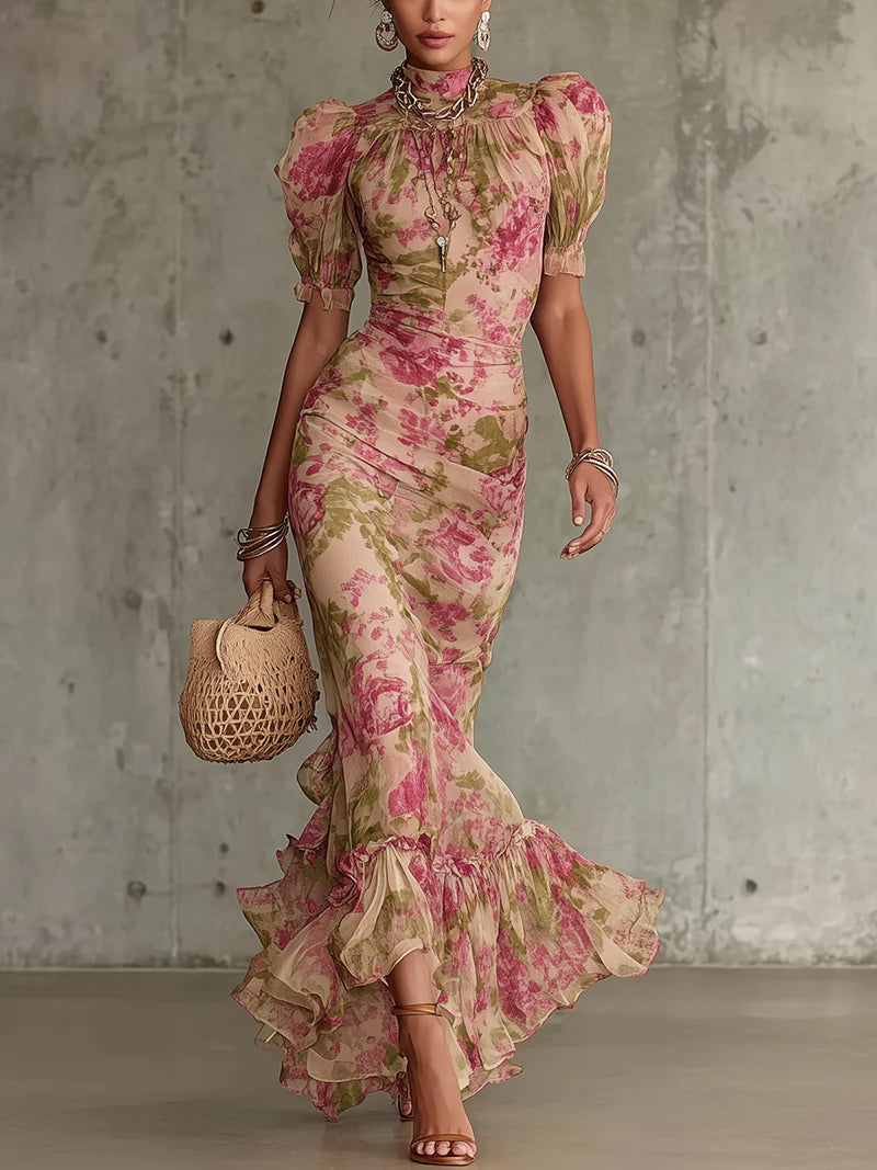 Mae | Abito Maxi con Maniche a Palloncino in Stampa Rosa Vintage