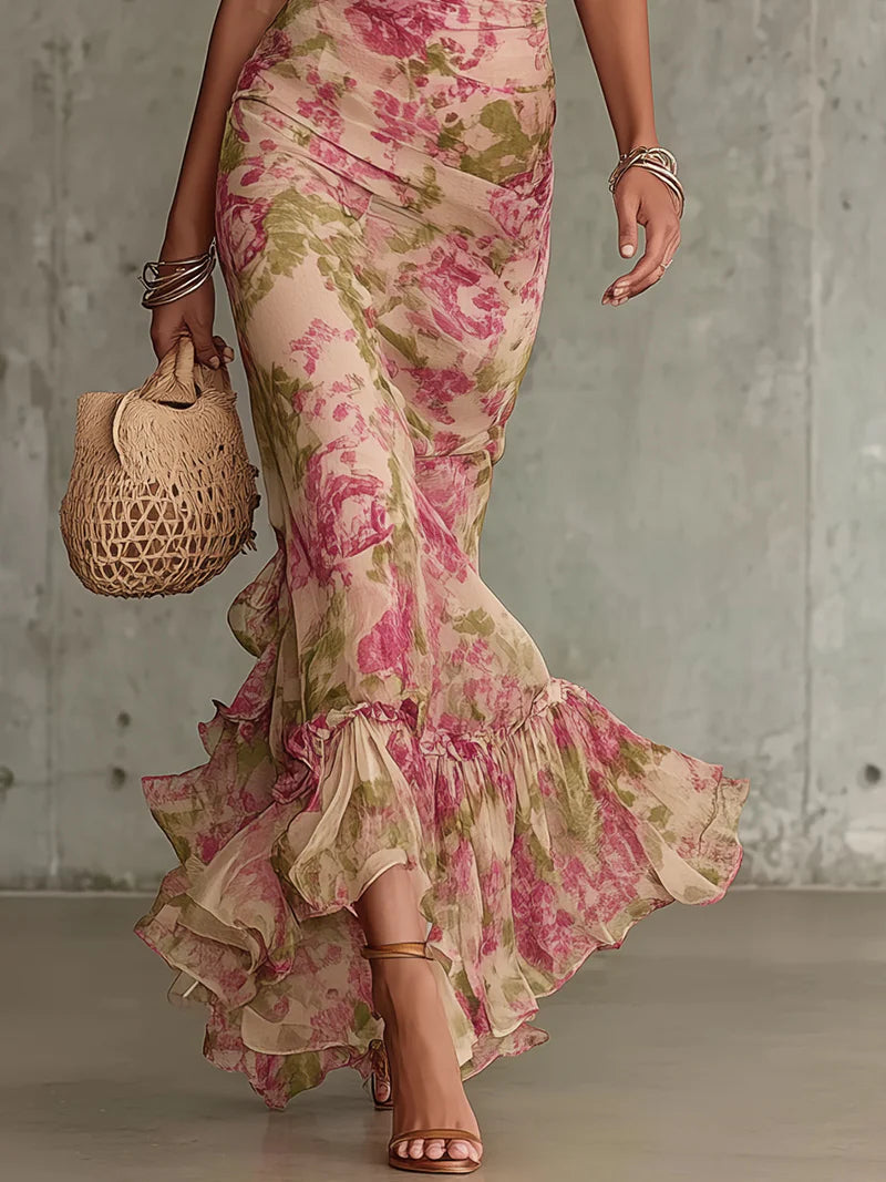 Mae | Abito Maxi con Maniche a Palloncino in Stampa Rosa Vintage