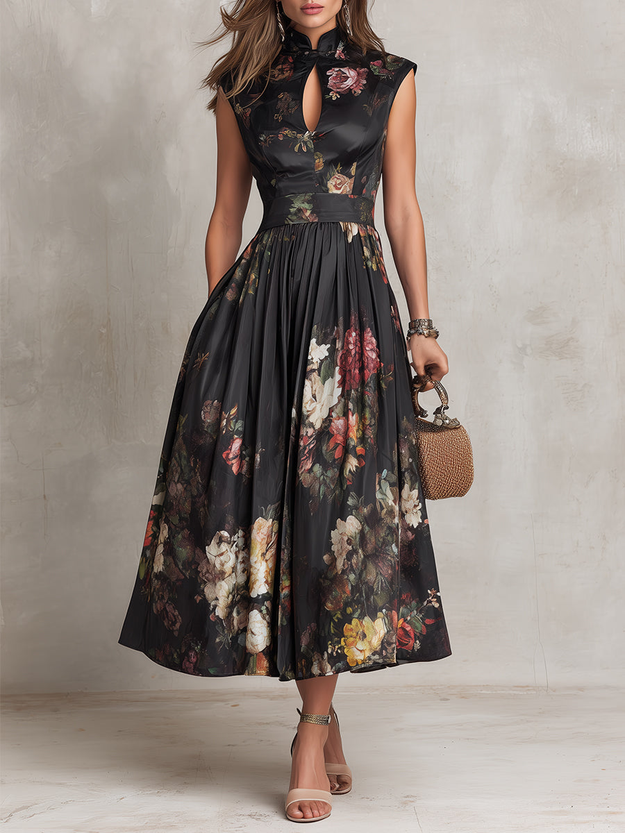 Patricia | Vestito Midi Plissettato in Raso Nero con Fiori