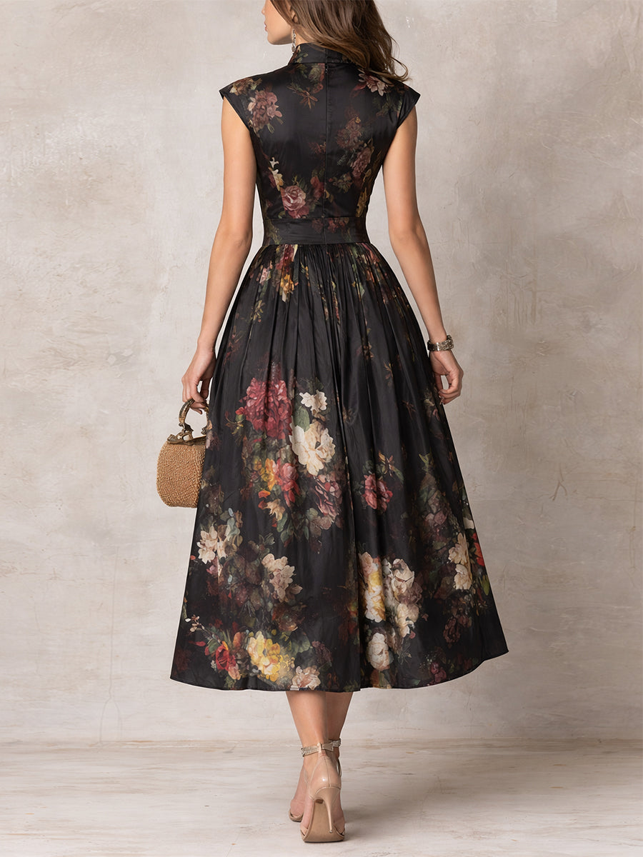 Patricia | Vestito Midi Plissettato in Raso Nero con Fiori