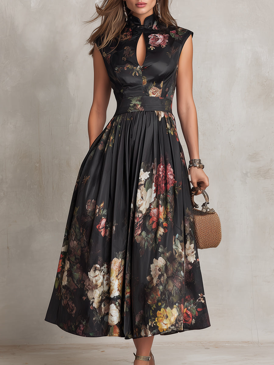Patricia | Vestito Midi Plissettato in Raso Nero con Fiori