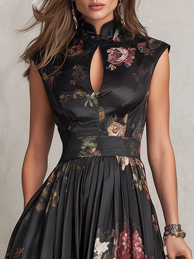 Patricia | Vestito Midi Plissettato in Raso Nero con Fiori