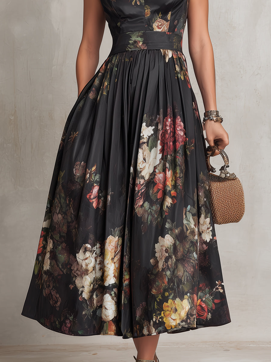 Patricia | Vestito Midi Plissettato in Raso Nero con Fiori