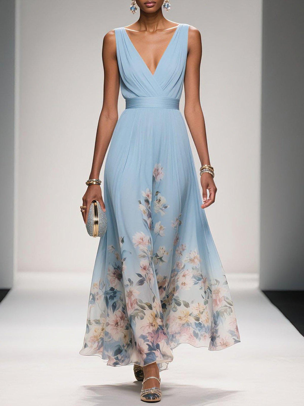 Rosa | Abito Maxi in Chiffon Floreale Blu Chiaro con Scollatura a V