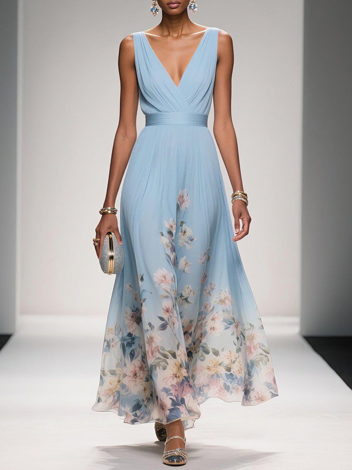 Rosa | Abito Maxi in Chiffon Floreale Blu Chiaro con Scollatura a V